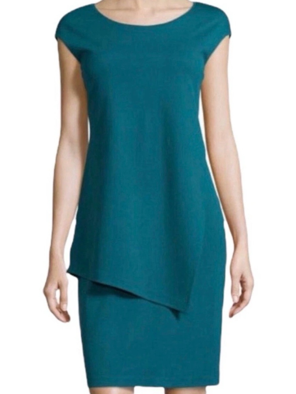 Women's Lafayette 148 Teal Green Asymmetrical Layered Knit Stretch Shift Dress L